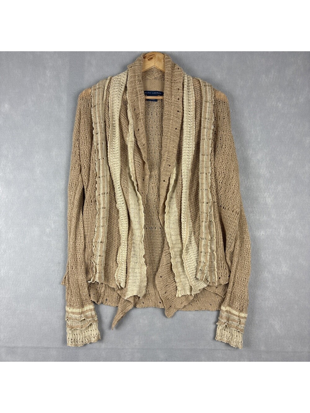 Ralph Lauren Silk Linen Cardigan Women’s Medium Brown Knit Ruffle Sleeves Shawl